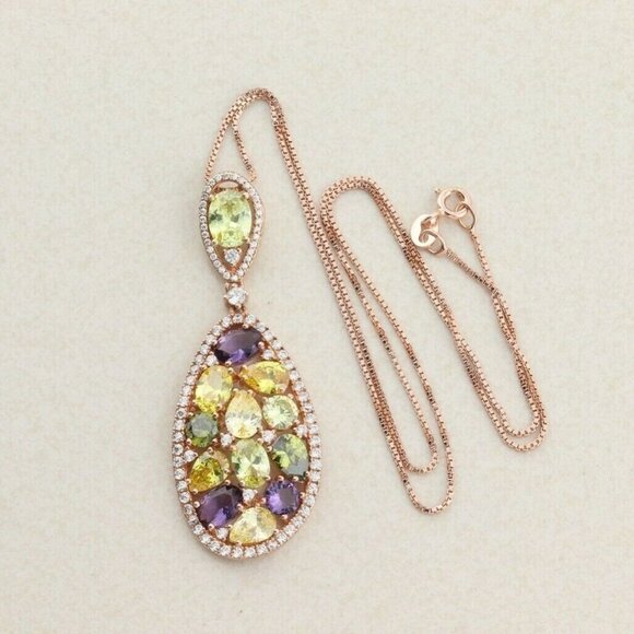 Rose Gold over Sterling Silver Multi Stone CZ Necklace 18 inch chain 1 mm wide - Picture 4 of 8